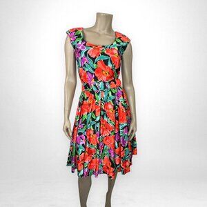 Vintage JOAN LESLIE EVENINGS Floral Sleeveless Belted‎ Dress 8 Summer Sundress